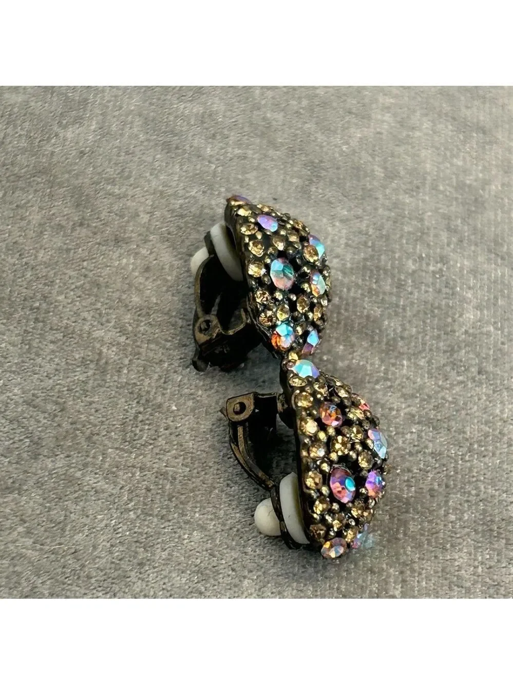 Vintage Amber Aurora borealis AB crystal rhinestone oval clip on earrings